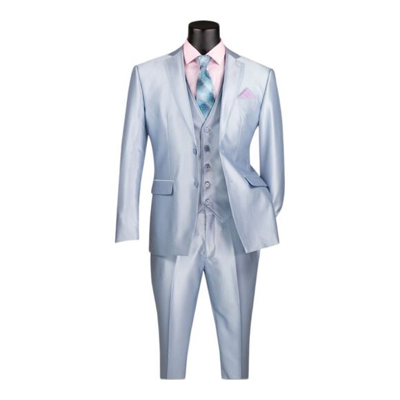 MEN'S VINCI 3 PIECE SLIM FIT SUIT ICE BLUE SATIN LOOK FABRIC. SV2D-1 - Picture 1 of 2